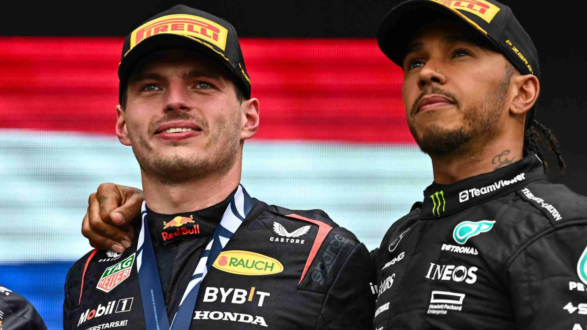 Hamilton and Verstappen showing sportmanship after a race.