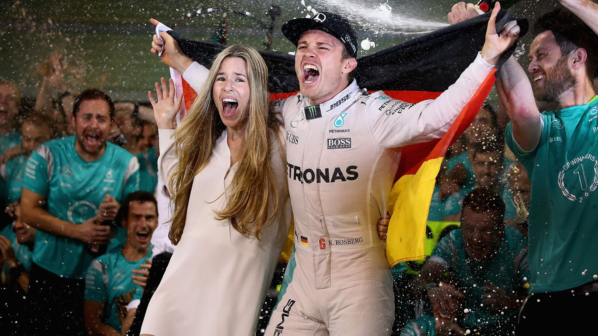 Nico Rosberg celebrating his WDC win in 2016 after beating his teammate Hamilton.