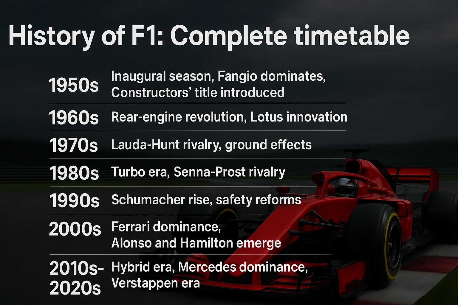 History of Formula 1, complete timetable from 1950s to modern era.