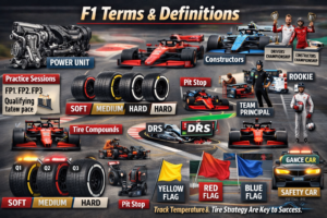 F1 terms explained infographic showing key Formula 1 terminology like pit stop, DRS, safety car, qualifying, and championships for beginners