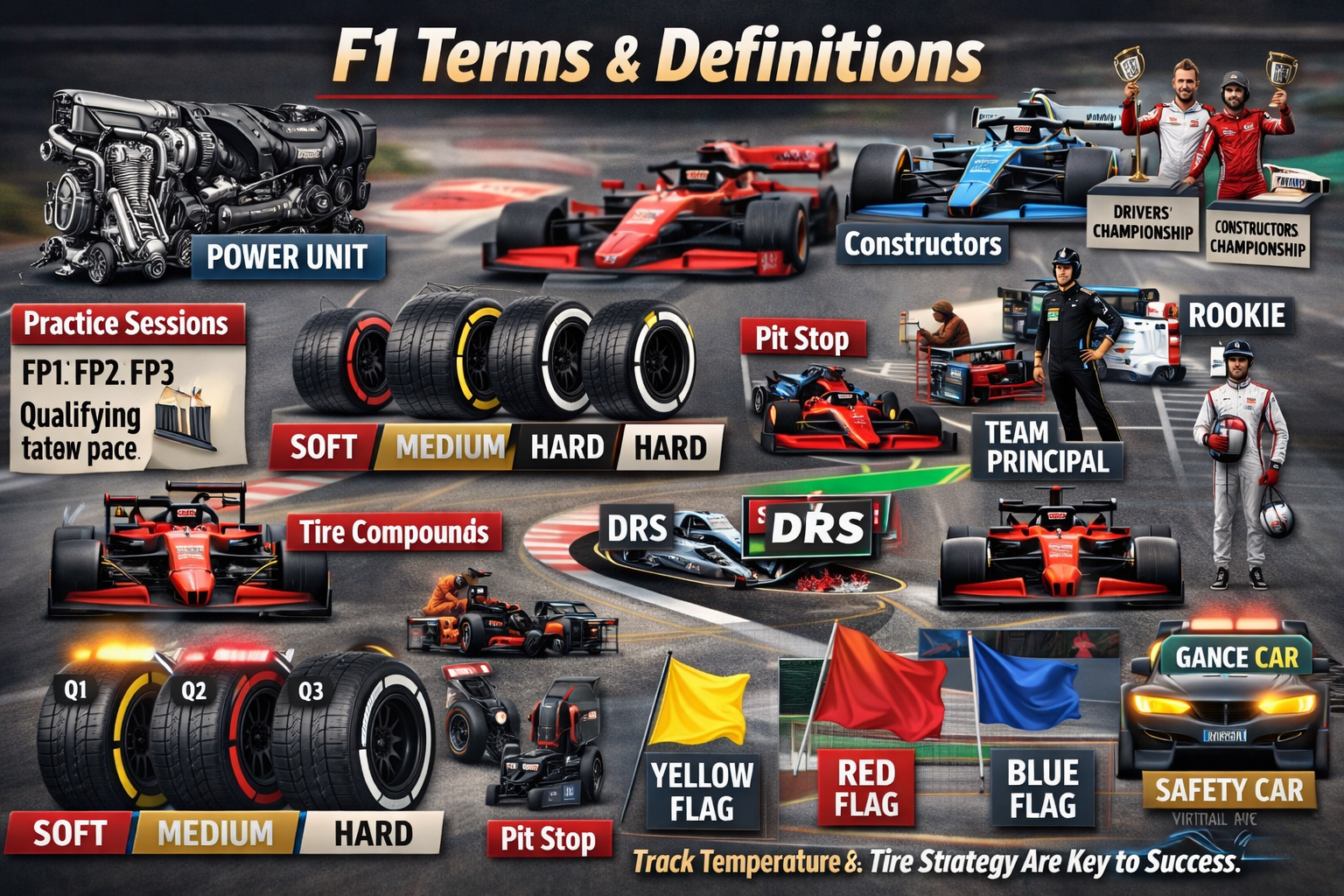 F1 terms explained infographic showing key Formula 1 terminology like pit stop, DRS, safety car, qualifying, and championships for beginners