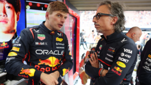 Red Bull Racing's new team principal Laurent Mekies having a discussion with Max Verstappen