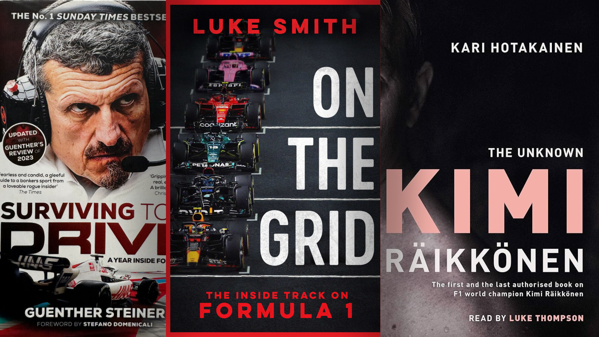 Three popular Formula 1 books: Surviving to Drive, On the Grid, and The Unknown Kimi Räikkönen