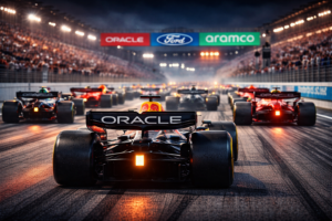 Formula 1 cars lined up on the starting grid with strong global brand presence