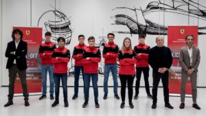 Ferrari Driver Academy members and staff posing at Ferrari’s Maranello headquarters
