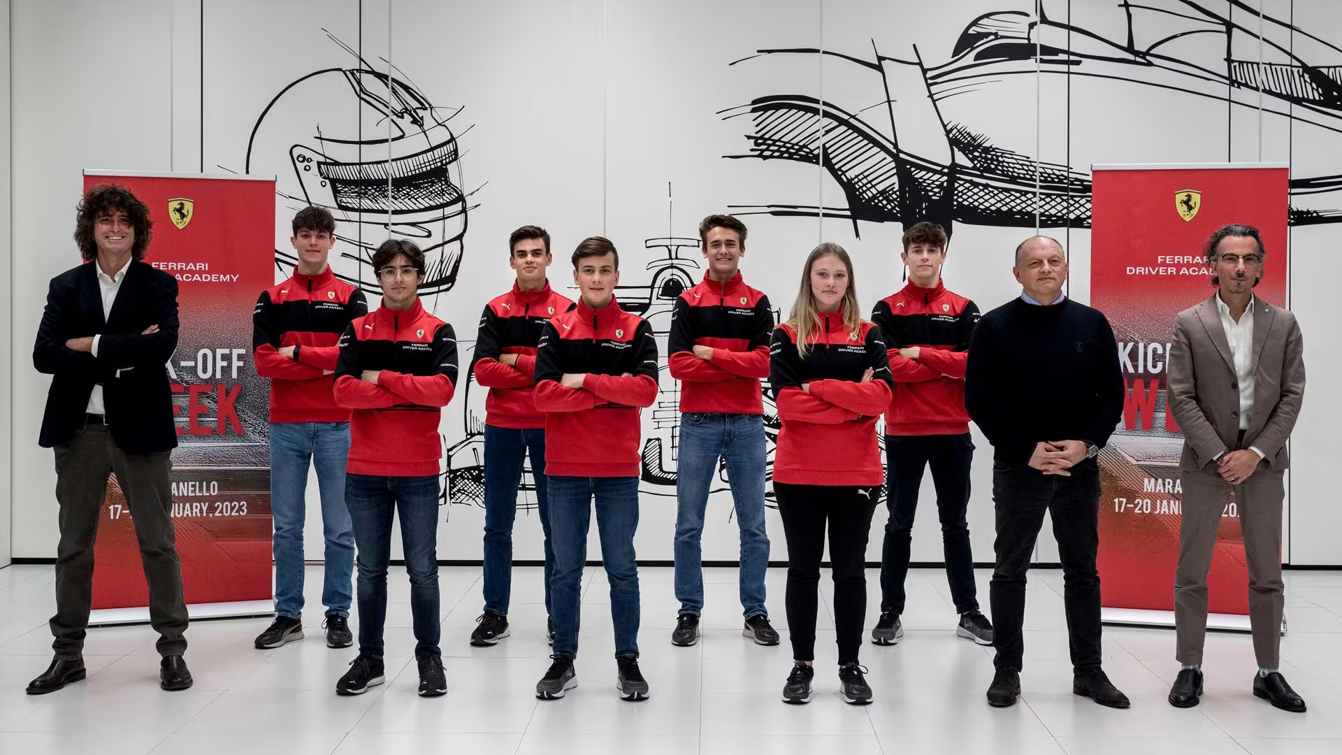 Ferrari Driver Academy members and staff posing at Ferrari’s Maranello headquarters