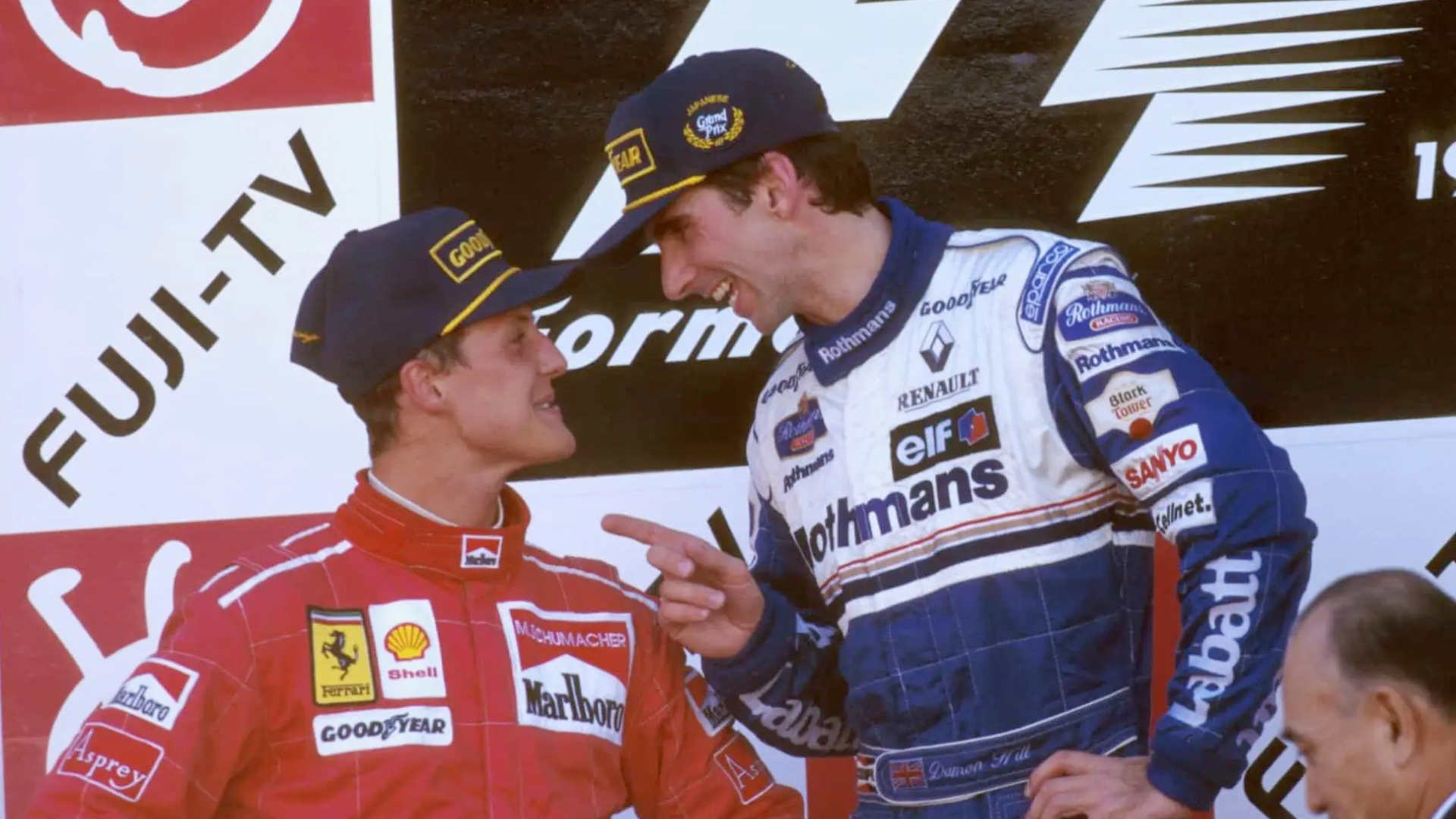 Michael Schumacher and Damon Hill on the podium at the 1996 Japanese Grand Prix at Suzuka