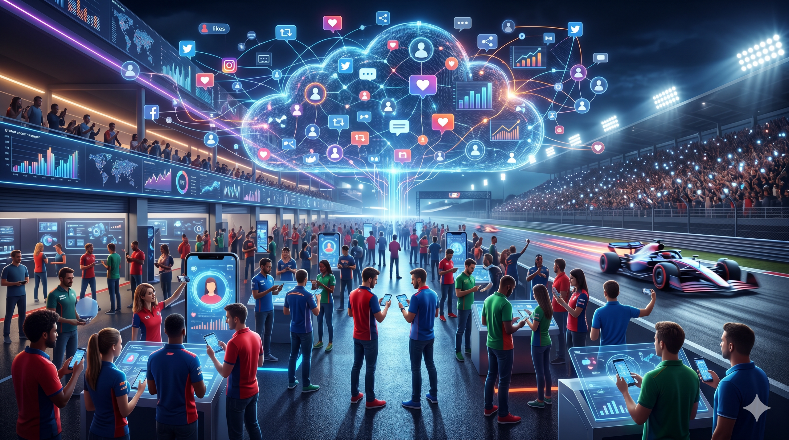 A Formula 1 car speeds past a futuristic pitlane where fans and crew are using smartphones, connected by a large glowing cloud of social media icons above them.