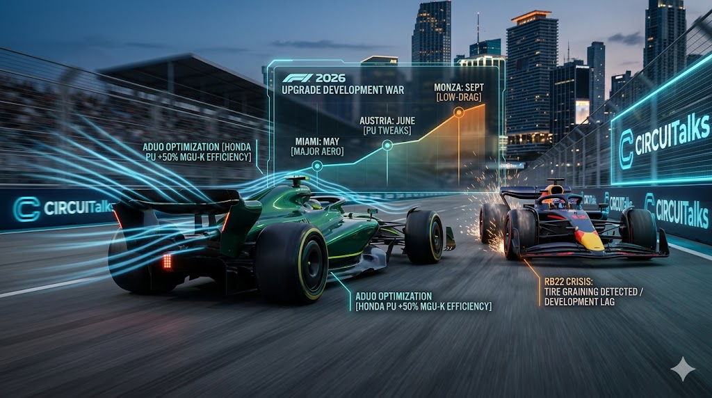 Infographic showing the 2026 F1 upgrades timeline on a street circuit, featuring an Aston Martin passing a struggling Red Bull car with active aero data.