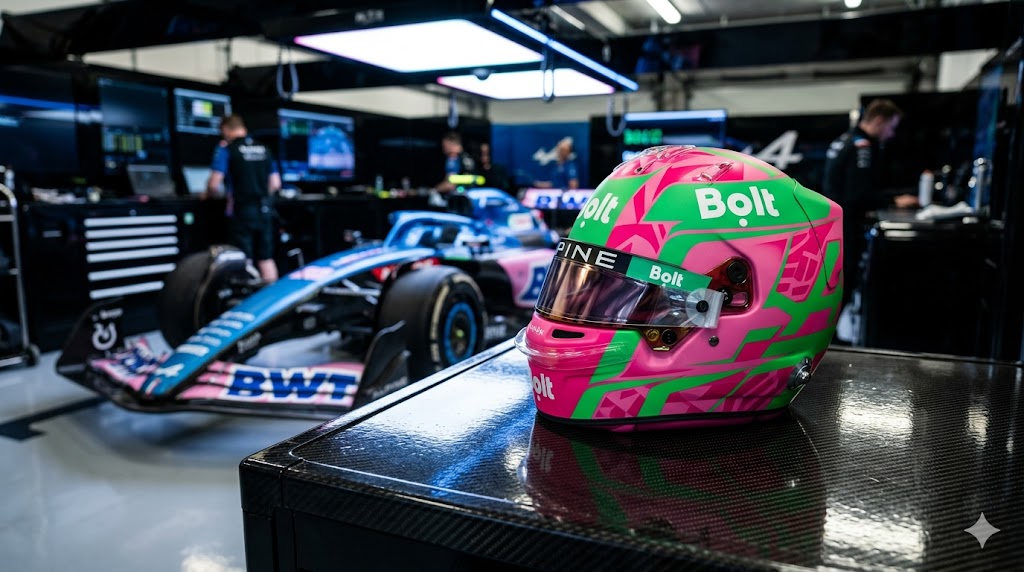 A vibrant neon pink and green racing helmet with Bolt branding sitting in an Alpine F1 garage next to a blue and pink BWT Alpine A526 car