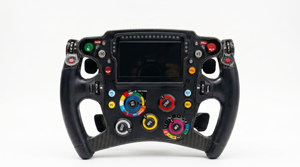 Close-up of Daniel Ricciardo's 2024 VCARB F1 steering wheel showing the digital display, performance rotaries, and carbon fiber construction isolated on a white background.