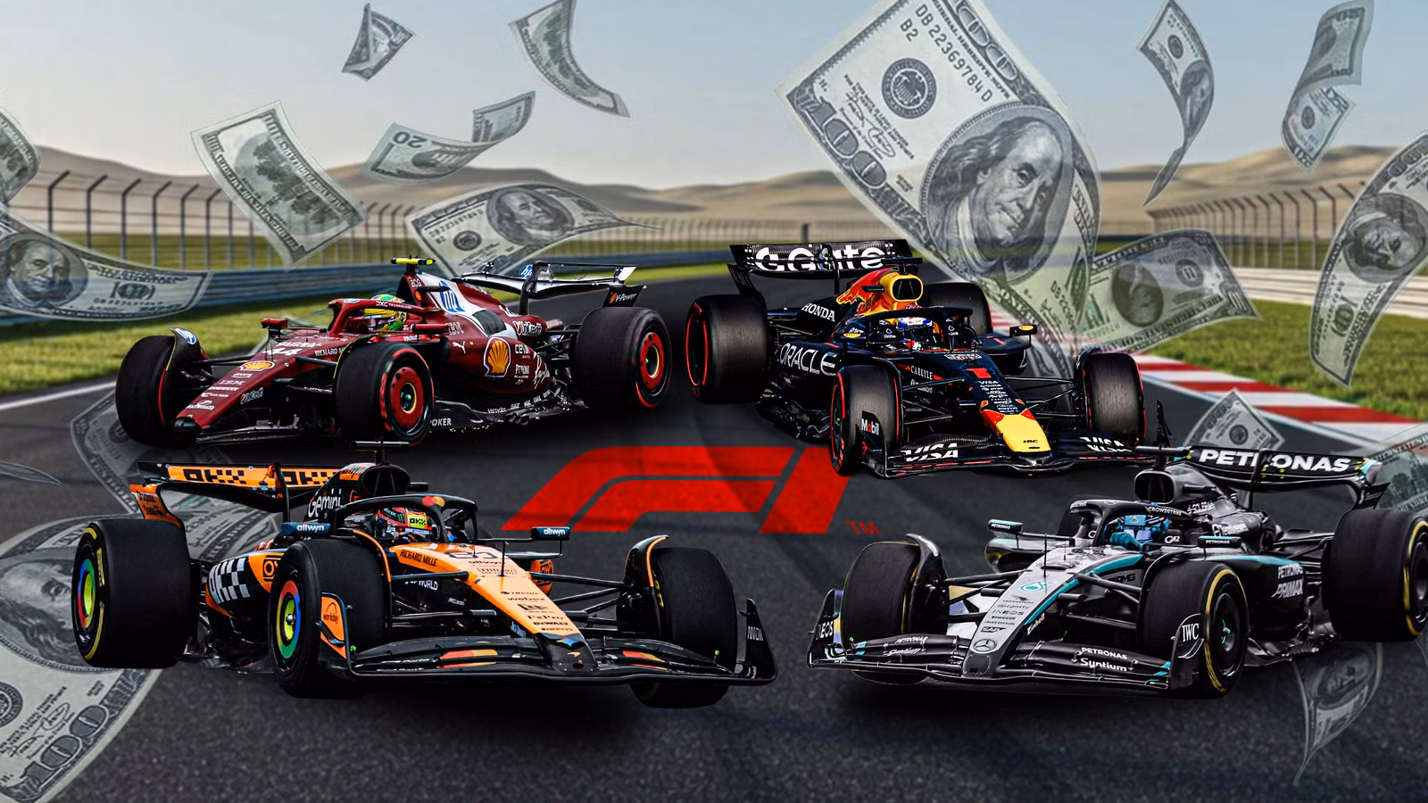 A graphic showing Formula 1 cars from Ferrari, Red Bull, McLaren, and Mercedes driving on a race track with US hundred-dollar bills raining down, symbolizing the skyrocketing financial valuations of F1 teams.
