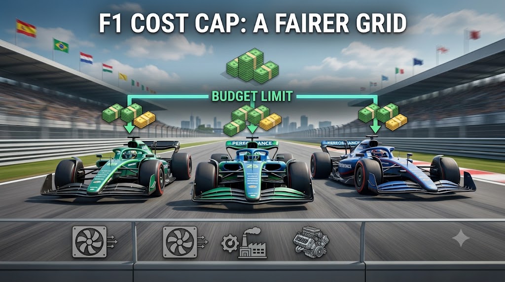 Infographic illustration showing three Formula 1 cars on a race track under a large title 